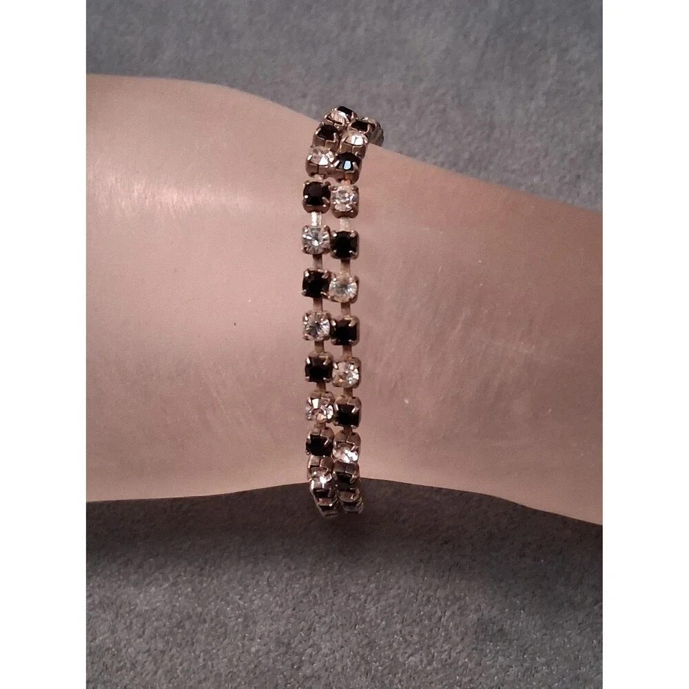 Vintage Tennis Bracelet Black & White Rhinestones